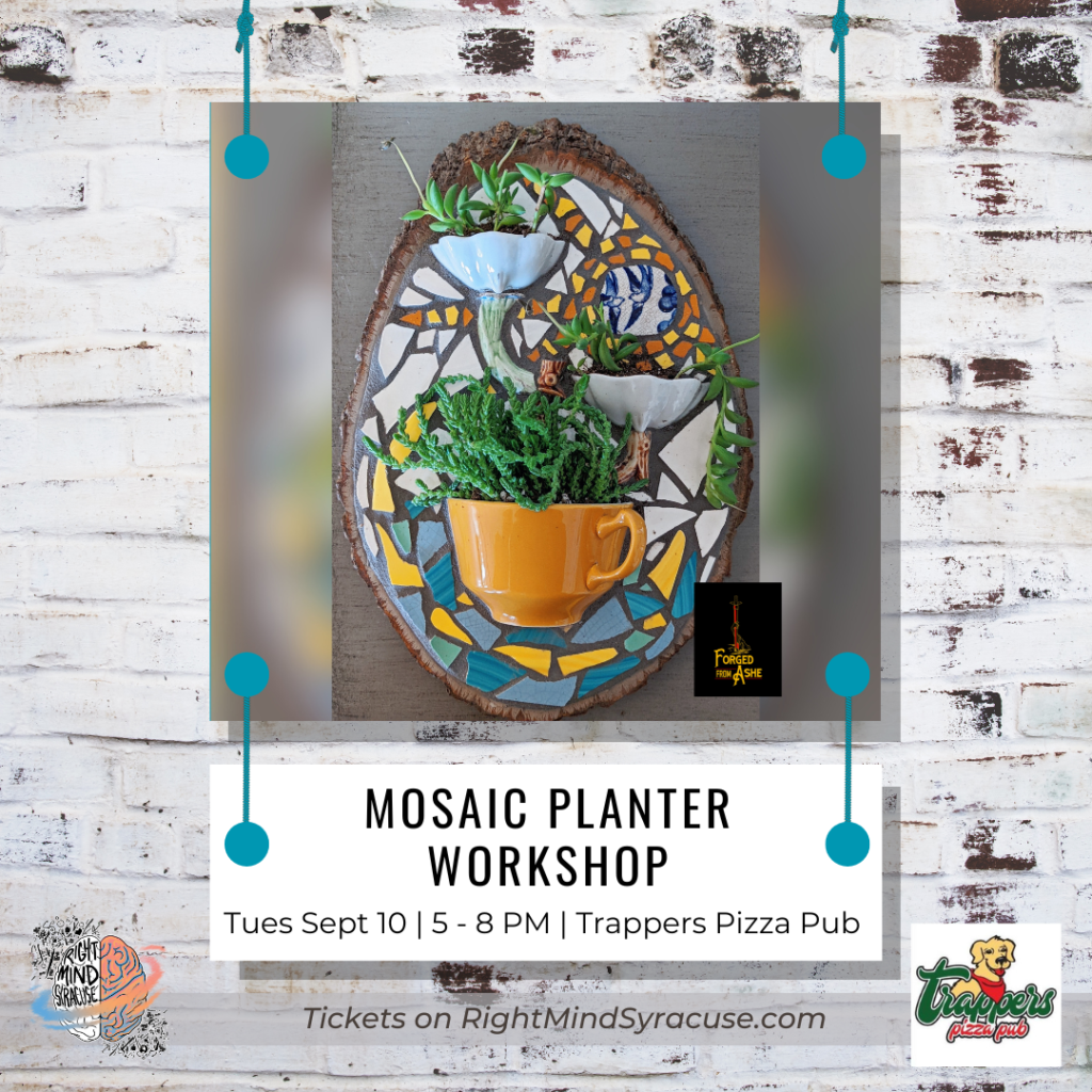 Mosaic Planter Workshop at Trapper's Pizza Pub on Tuesday, September 10th at 5 PM. 